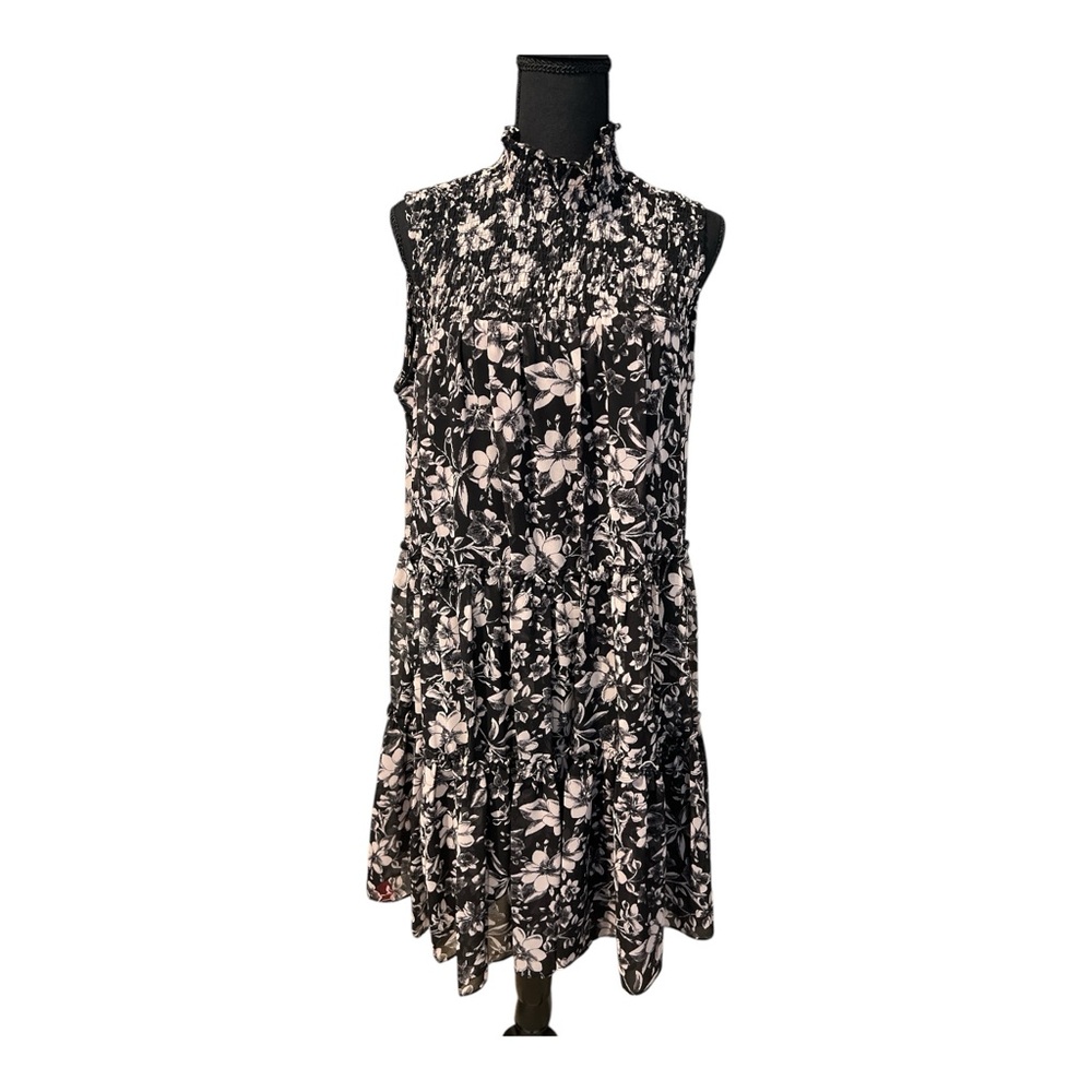 Just Taylor Sleeveless Mock Neck Smocked Floral Print A-line Chiffon Dress, Sz14 - Picture 3 of 15